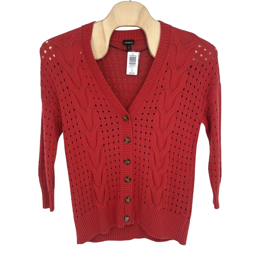 Torrid Cable Boyfriend Cardigan Sweater Red Open Stitch Womens 0 Large 12 NEW